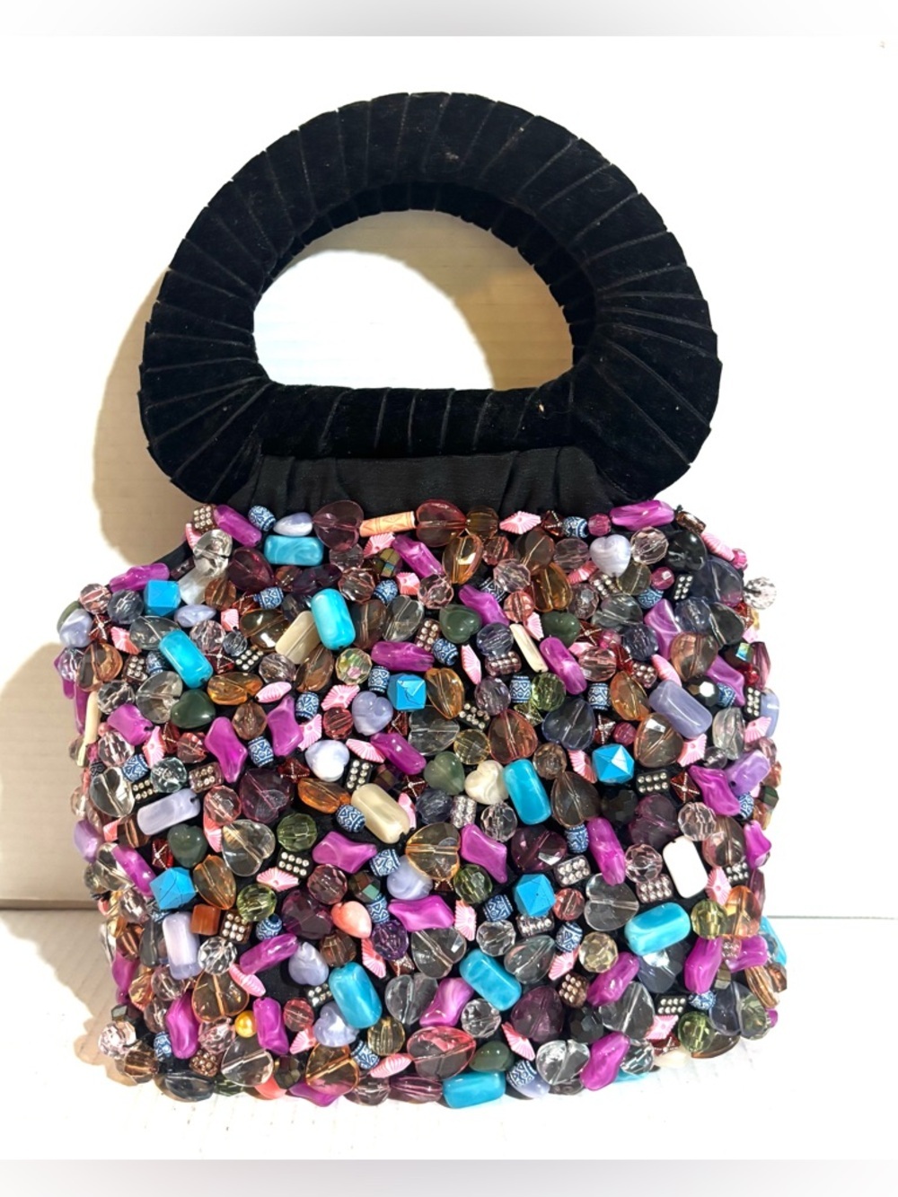 Vintage Multicolor Beaded plastic  Evening Clutch with Black Velvet Handle